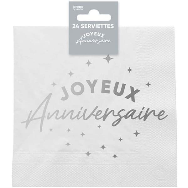 Servett - Grattis på födelsedagen - Vit och silver - 33x33cm - 3 lager - Paket med 24