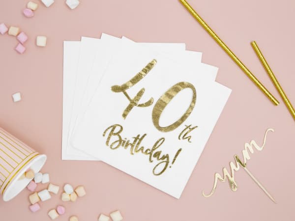 20 "40th Birthday" Papirservietter, Hvi (33x33 cm) - Milestone Birthday