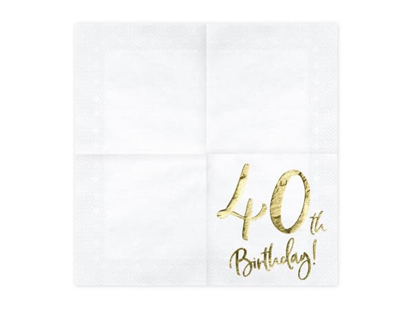20 "40th Birthday" Papirservietter, Hvi (33x33 cm) - Milestone Birthday