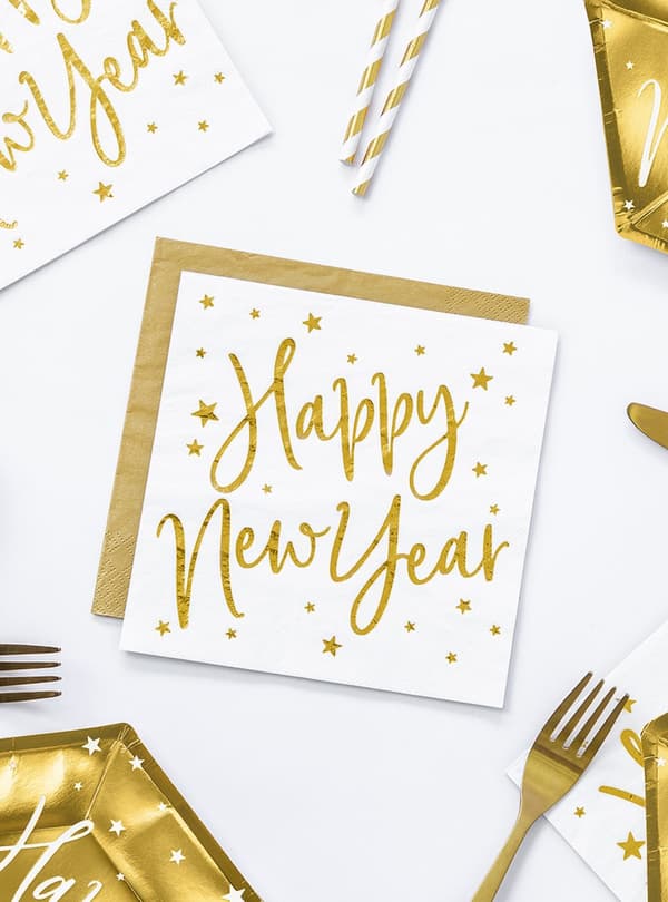 20 Godt nytårs servietter (33 x 33 cm) i hvid og guld - Jolly New Year