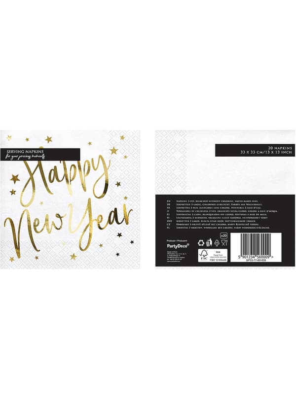 20 Godt nytårs servietter (33 x 33 cm) i hvid og guld - Jolly New Year