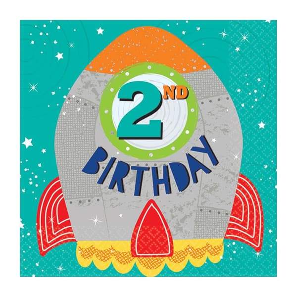 Amscan Blast Off 2nd Birthday Napkins (Pack Of 16) Green/Grey/Red 33cm