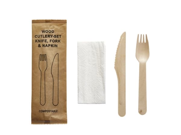 Bestickset 160mm björk m/kniv, gaffel, servett 500set/förpackning Trä 160x195x20mm (500set)
