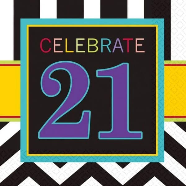 Amscan Celebrate 21st Birthday Disposable Napkins (Pack of 16) Black/White/Yellow One Size