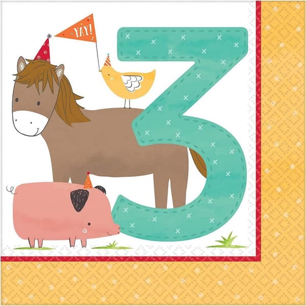 Amscan Barnyard 3rd Birthday Disposable Napkins (Pack of 16) Multicoloured One Size