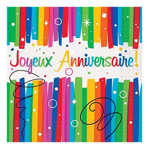 Unique Party Joyeux Anniversaire Rainbow Ribbons Napkins (Pack of 16) Multicoloured One Size