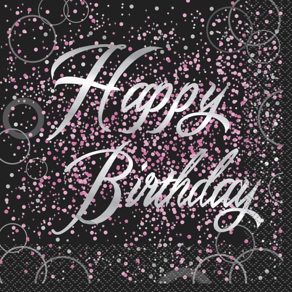 Unique Party Paper Glitz Happy Birthday Disposable Napkins (Pack of 16) Black/Silver/Pink One Size