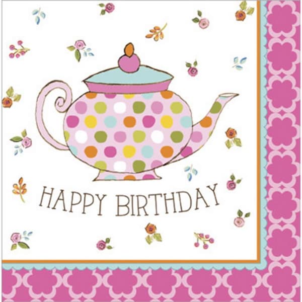 Creative Party Teapot Birthday Disposable Napkins (Pack of 16) White/Pink/Blue One Size