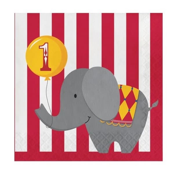 Creative Party Circus Time 3 Ply Elephant 1st Birthday Disposable Napkins (Pack of 16) Red/White/Grey One Size