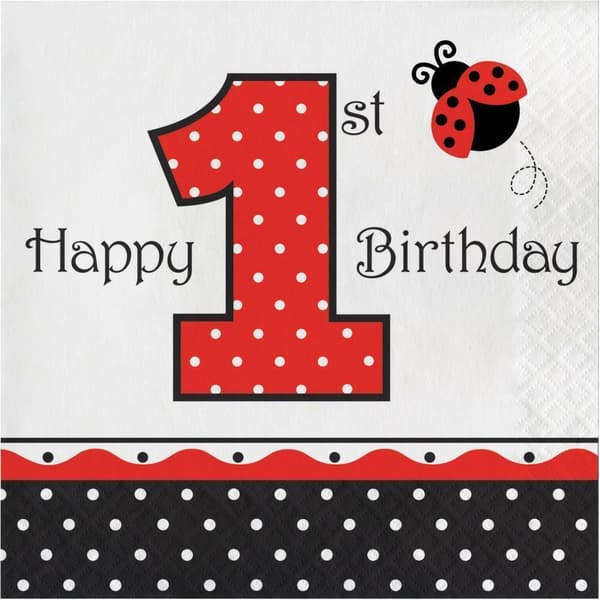 Creative Party 3 Ply 1st Birthday Disposable Napkins (Pack of 16) White/Red/Black One Size