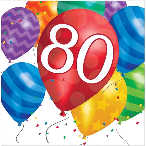 Creative Party 2 Ply Balloons 80th Napkins (Pack of 16) Multicoloured One Size
