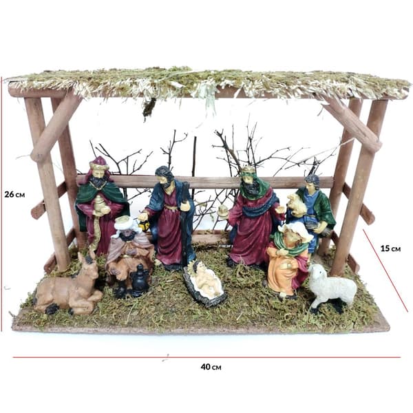 Krippe, Realistiske Harpiksfigurer, Naturlig Trækonstruktion,40x15x26cm