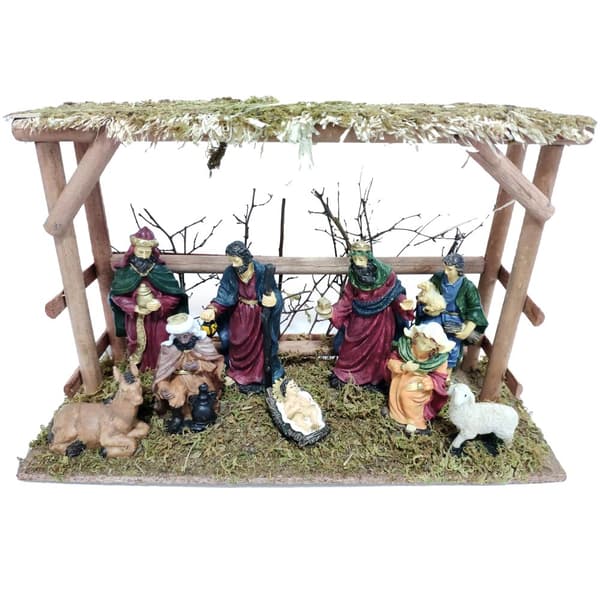 Krippe, Realistiske Harpiksfigurer, Naturlig Trækonstruktion,40x15x26cm