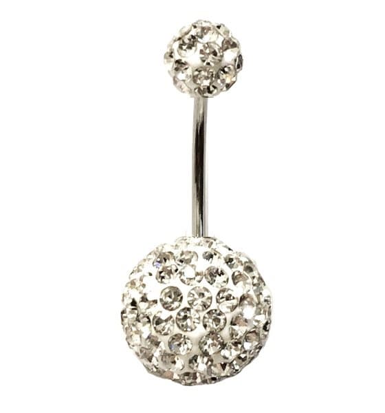 Navelpiercing med kristaller runtom, tunn stav, blingbollar 6mm