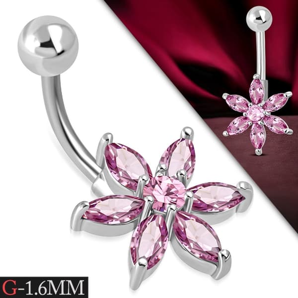 Navelpiercing 316L Kirurgiskt stål Blomma rosa CZ