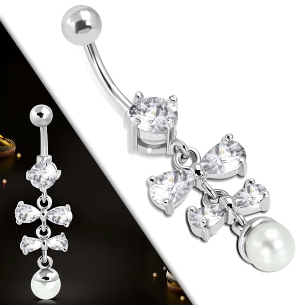 Navelpiercing Navel Piercing i Kirurgiskt Stål 316L i Silver Färg - Rosett med Klar/Vit CZ Cubic Zircon & Pärla