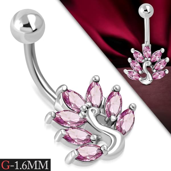 Navelpiercing Navel Piercing i Kirurgiskt Stål 316L i Silver Färg - Påfågel med Rosa CZ Cubic Zircon Kristall