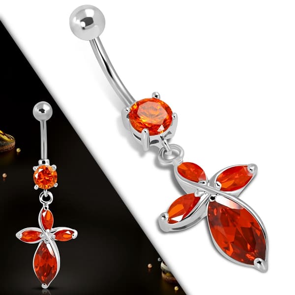 Navelpiercing Stål 316L Kirurgiskt stål kors orangeröda CZ