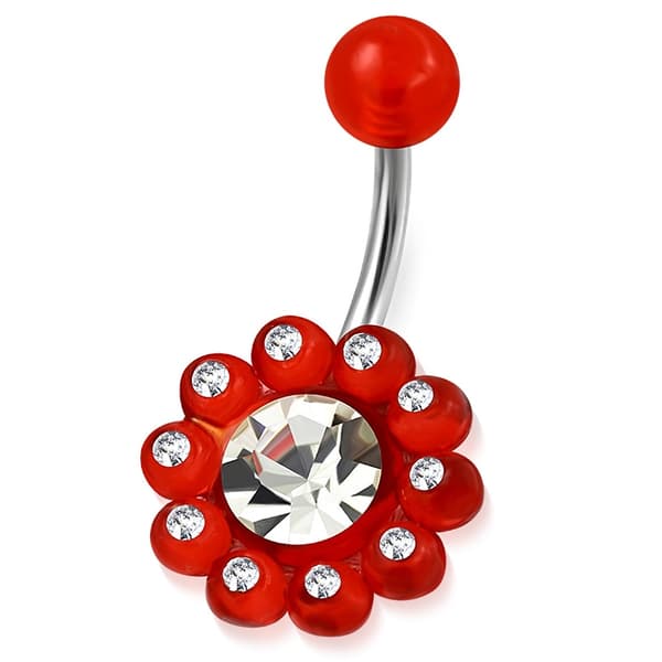 Navelpiercing Röd/vit Blomma Acryl/Klara CZ Kirurgiskt Stål 316L