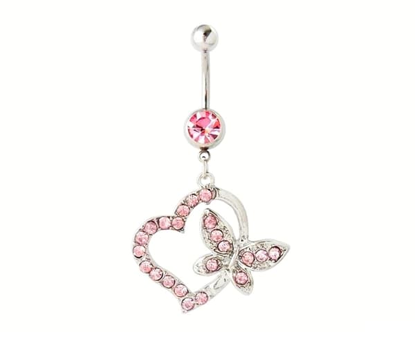 Navelpiercing Hjärta Fjäril Rosa Rhinestone i Kirurgiskt stål
