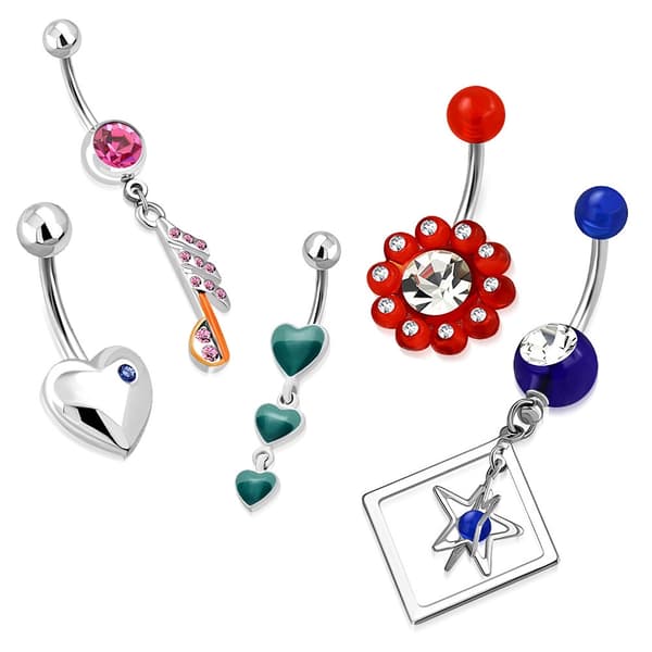 Set med 5 st Navelpiercing Acryl/CZ Stål 316L