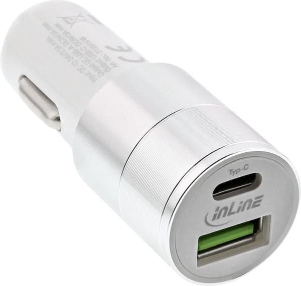 InLine-autolaturi 1 USB-C- ja 1 USB-A-portilla - Quick Charge 3.0 - 6A / valkoinen