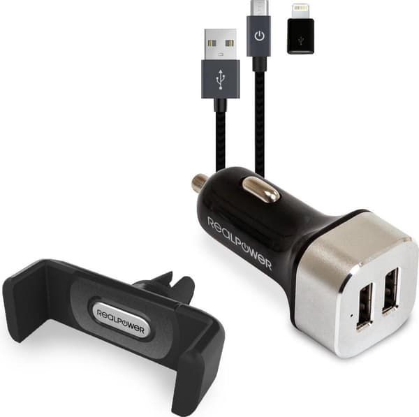 RealPower Mobile Car Set med universell smartphonehållare för ventilationsgaller, 12V billaddare med 2 x USB, microUSB-kabel och Apple lightning-adapt Svart, Silver