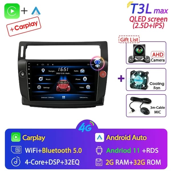Carplay, Android 12, monimediasoitin, T3L-MIC-Fan-Kamera