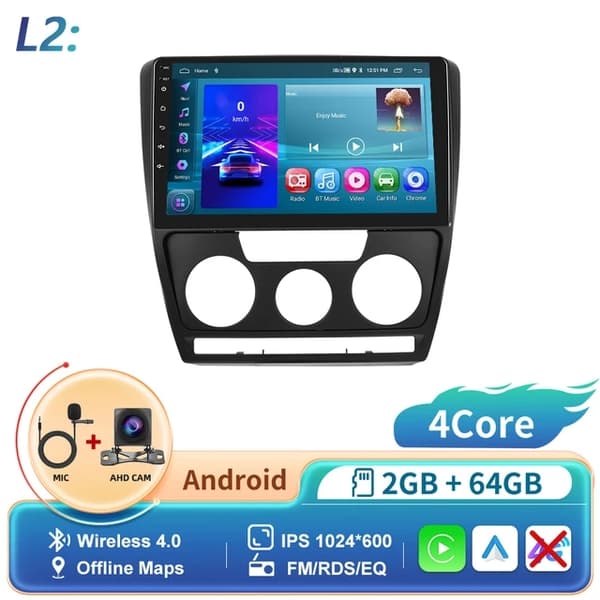 CarPlay-autoradio, langaton yhteys, Android GPS, 2-64GB