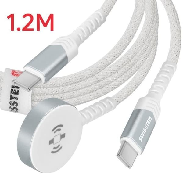 Swissten Apple Watch + USB-C magnetladdarkabel - Vit - 2 i 1 - 60W - 1,2 m