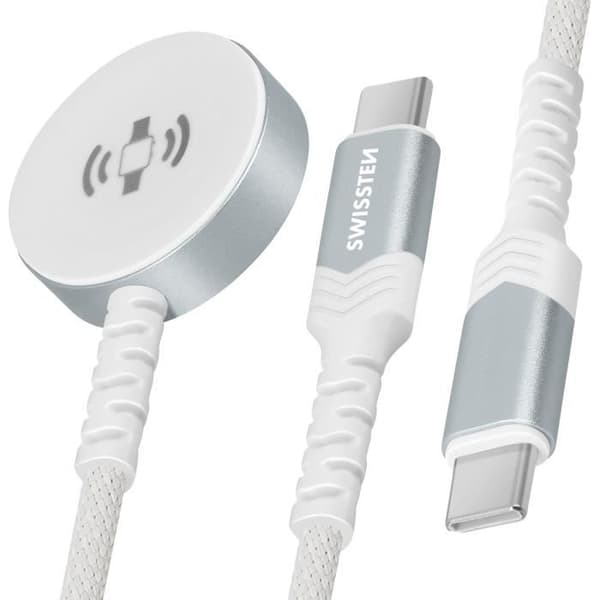 Swissten Apple Watch + USB-C magnetladdarkabel - Vit - 2 i 1 - 60W - 1,2 m