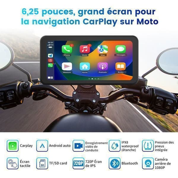 AWESAFE CarPlay Moto 6,25" IPS Touchskärm med Trådlös CarPlay &amp; Android Auto, Vattentålig GPS för Motorcykel, DVR Framkamera Bakre Kamera
