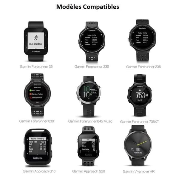 Laddningskabel USB kompatibel med Garmin Forerunner 35 35J 230 235 630 645 Musik 735XT ForeAthlete 35J Approach G10 S20 Vivomove HR