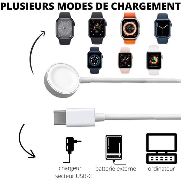 Laddare kompatibel med Watch Series Ultra/Series SE/Series 10/9/8/7/6/5/4/3/2/1 - USB-C-kabel 1 meter Laddning Klocka Phonillico®