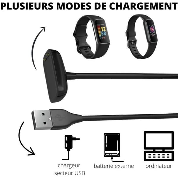 Laddare kompatibel med Fitbit Charge 6 / Charge 5 / Fitbit Luxe - USB-kabel 1 meter Ersättningsadapter Laddare Klocka Phonillico®