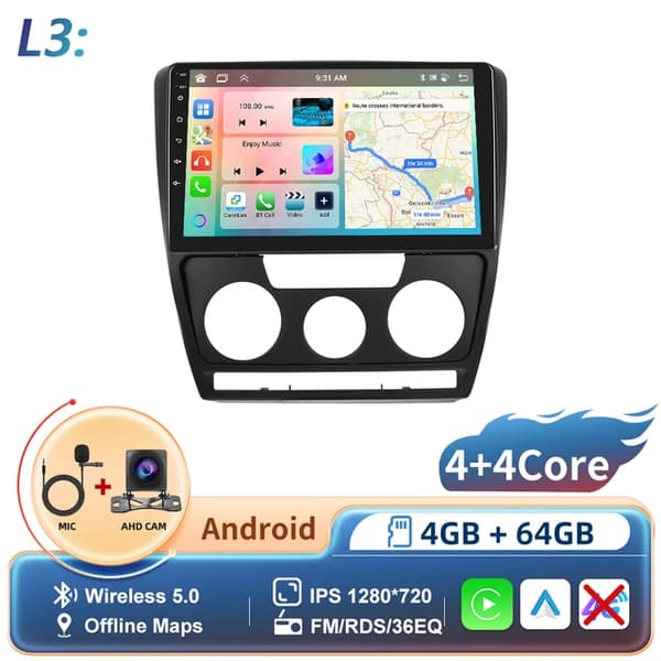 CarPlay-autoradio, langaton yhteys, Android GPS, 4-64GB Cam