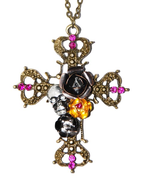 Halskjede Kors hodeskalle blomster rhinestone vintage retro
