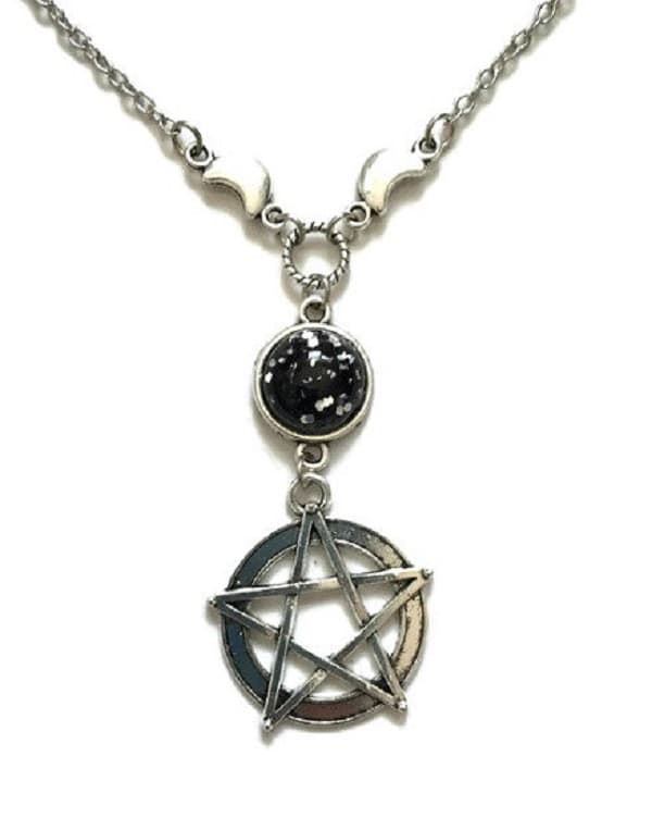 Necklace/Kaulakoru - Pentagram - Glitter - Black - Crescent Moon