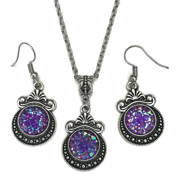 Necklace/Earrings - Glitter - Druzy - Victorian - Purple