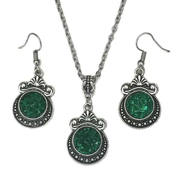 Necklace/Earrings - Glitter - Druzy - Victorian - Green