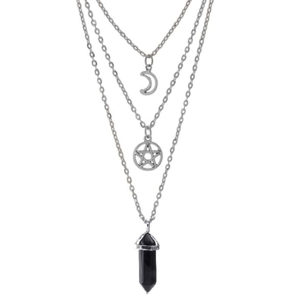 Necklace - Onyx - Pentagram - Crescent Moon