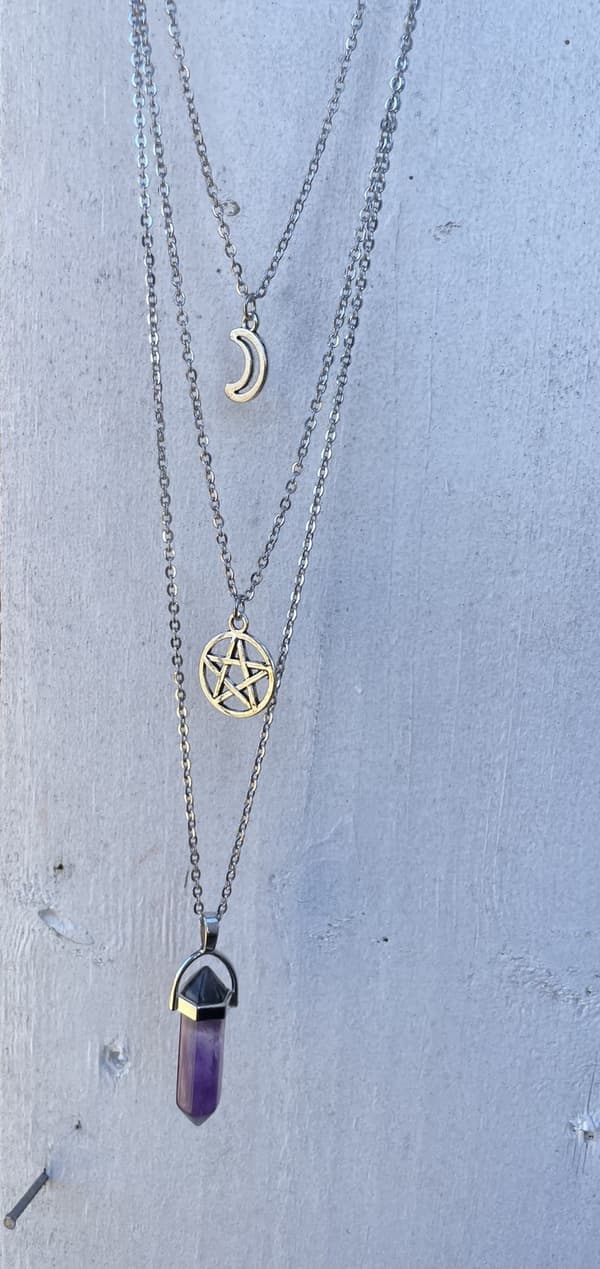 Necklace - Amethyst - Pentagram - Crescent Moon - Layered