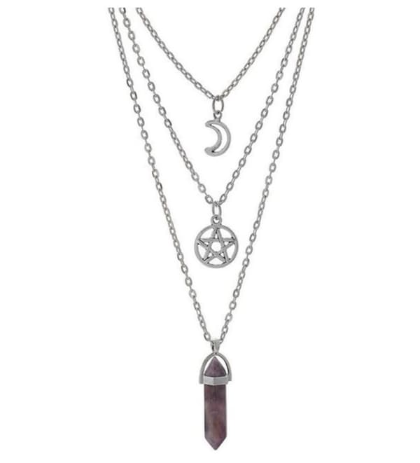 Necklace - Amethyst - Pentagram - Crescent Moon - Layered