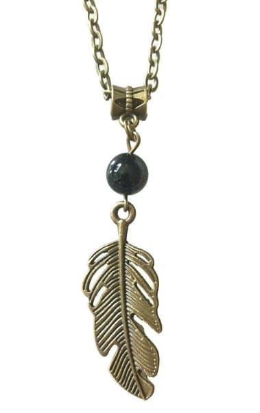 Necklace - Feather - Onyx - Bronze - Long Chain