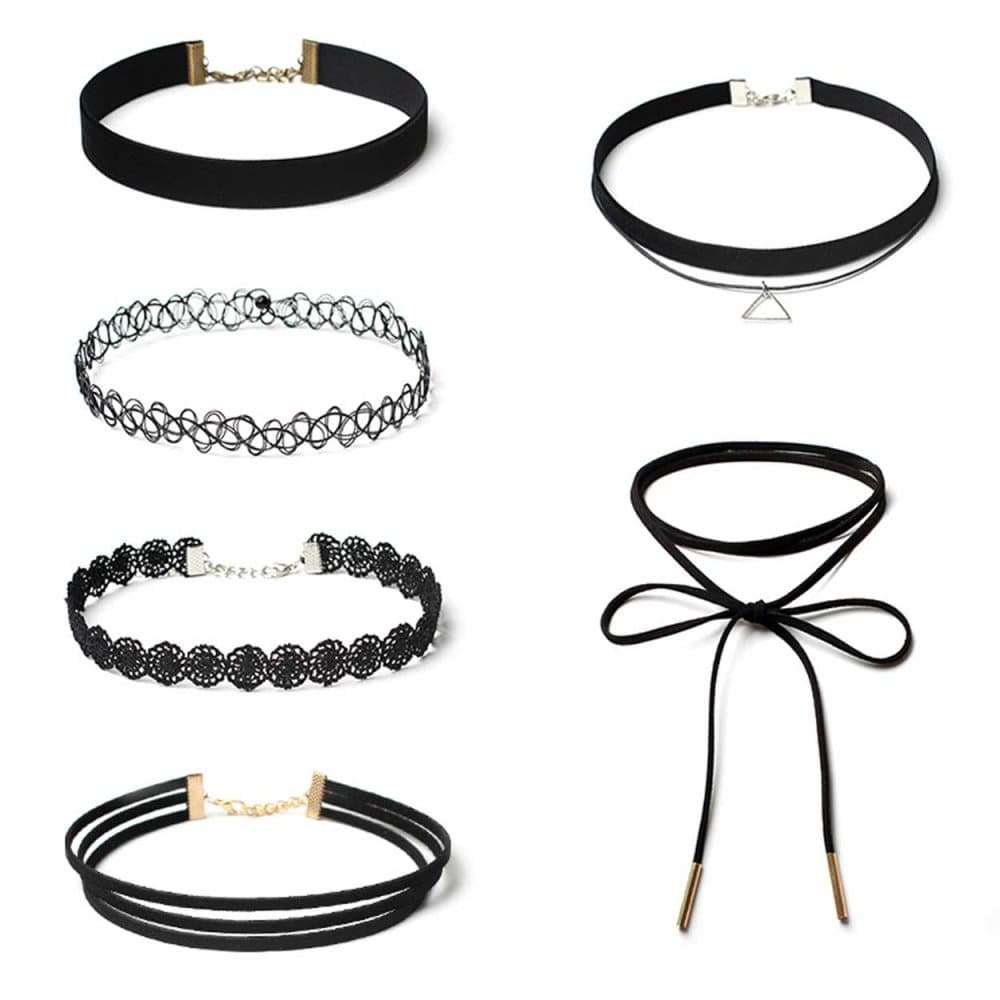 6-pack Choker Halsband Svart Spets Tyg Lace Silver