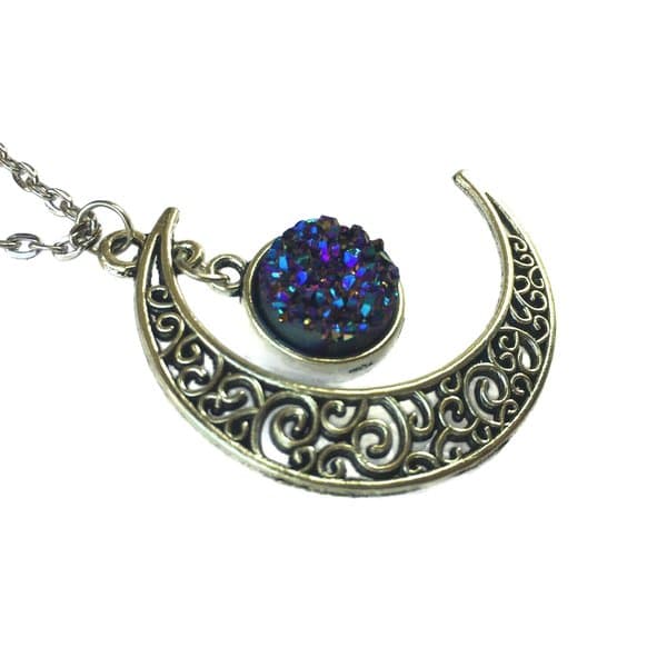 Necklace - Crescent Moon - Glitter - Druzy - Dark Blue/Purple