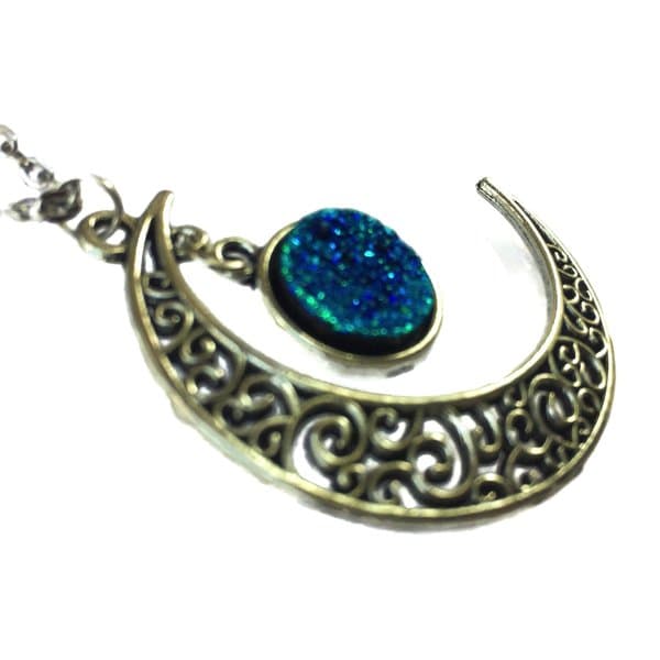 Necklace - Crescent Moon - Glitter - Druzy - Blue