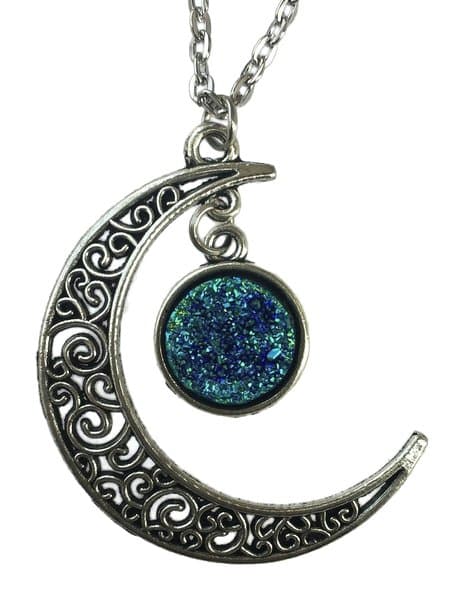 Necklace - Crescent Moon - Glitter - Druzy - Blue