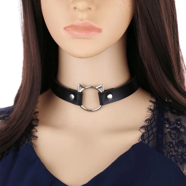 Choker O-ring KATT Cat Kitty Ear Svart PU-Läder Kawaii Anime
