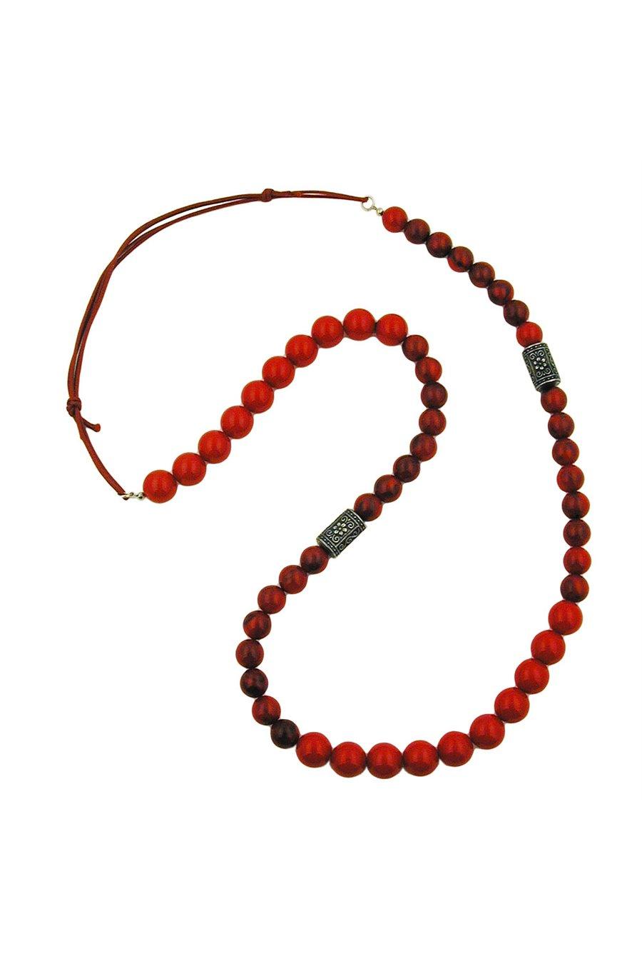 NECKLACE RED MARBLED BEADS SILVER COLOURED FANTASY BEADS